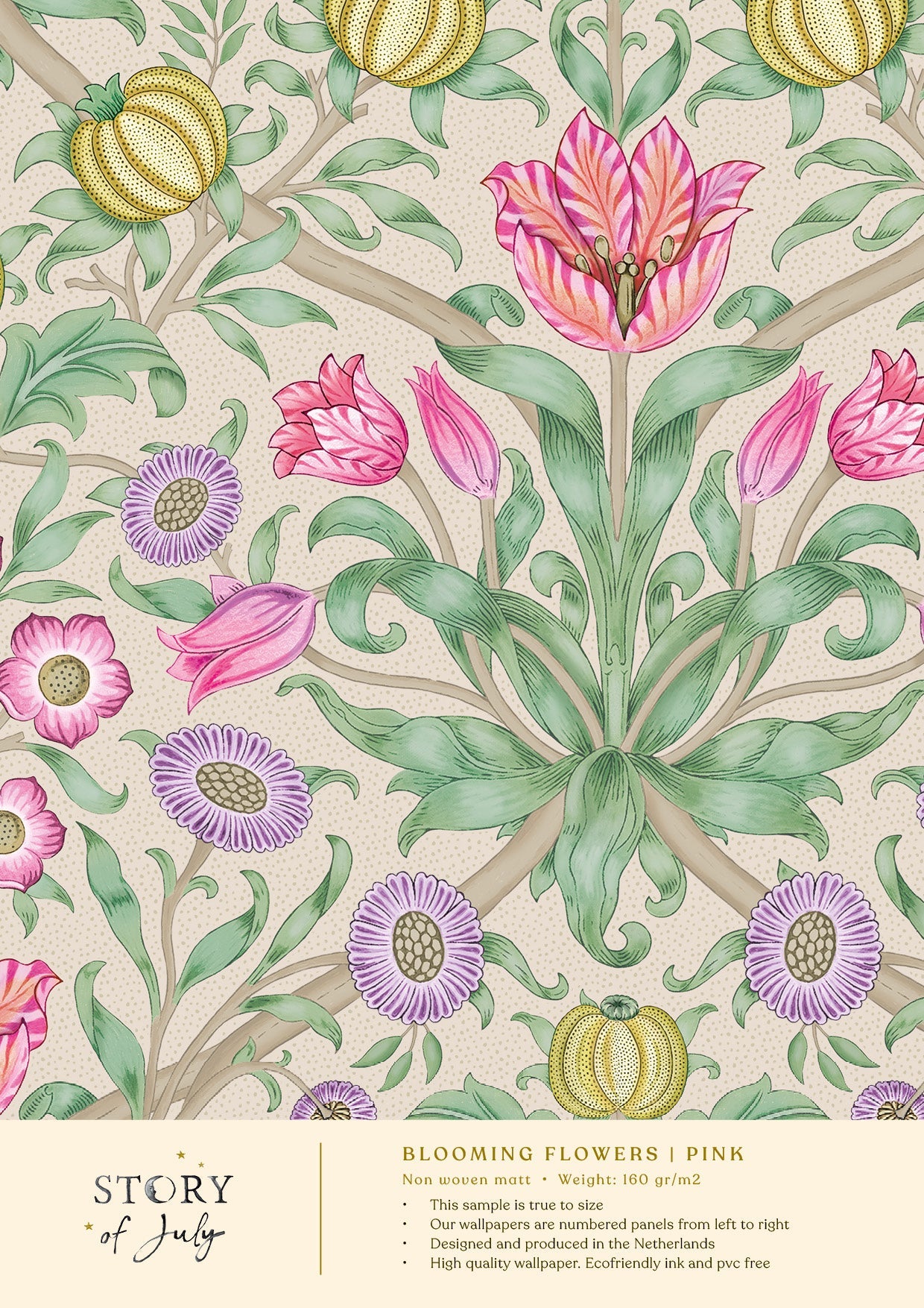 Behangsample Blooming Flowers Pink - Story of July