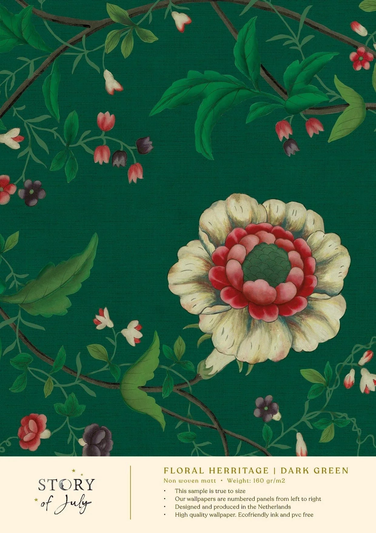 Behangsample Floral Heritage Darkgreen - Story of July