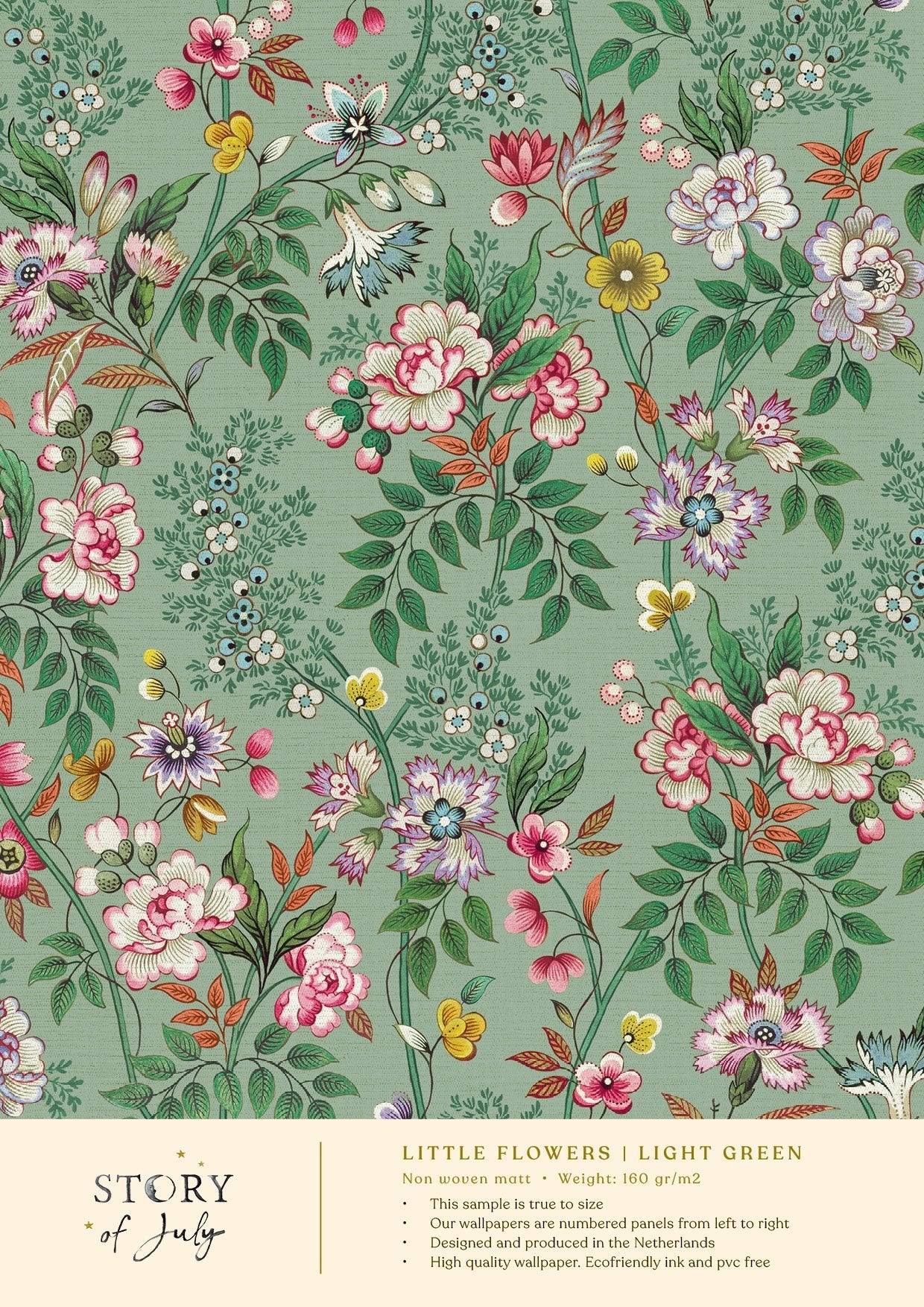 Behangsample Little Flowers Lightgreen - Story of July