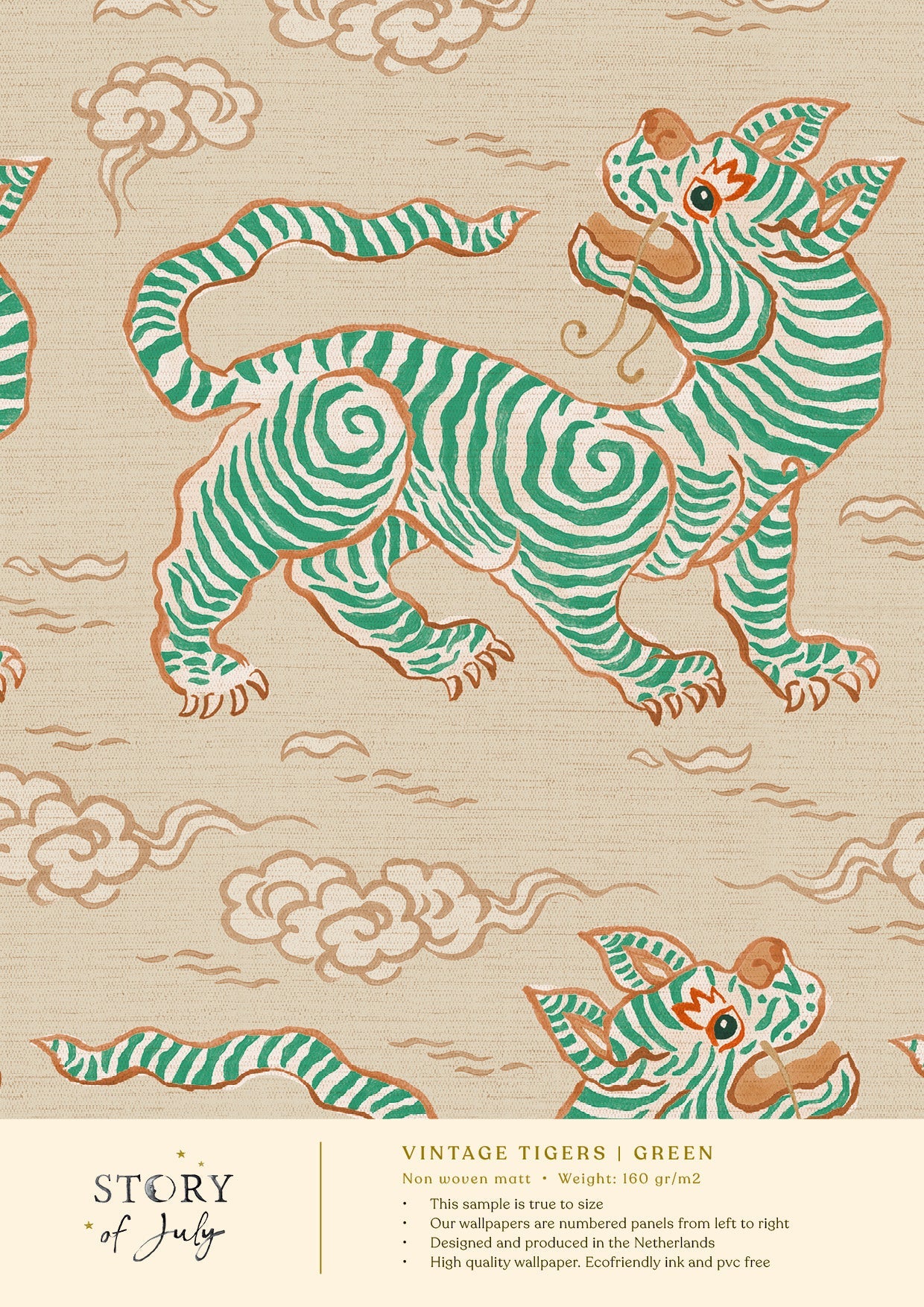 Behangsample Vintage Tigers Green - Story of July