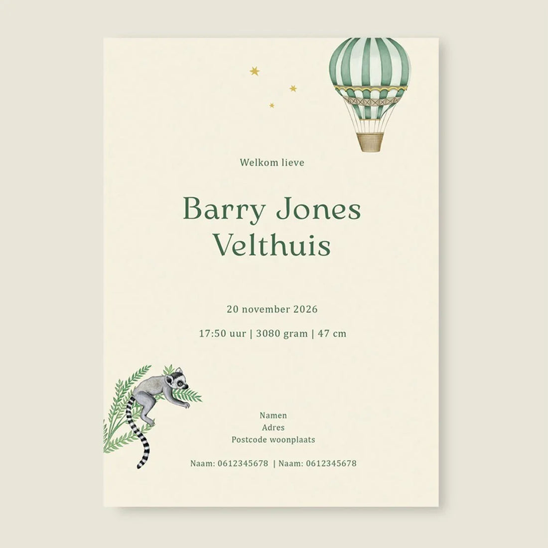 Geboortekaartje Balloon Panter Green - Story of July