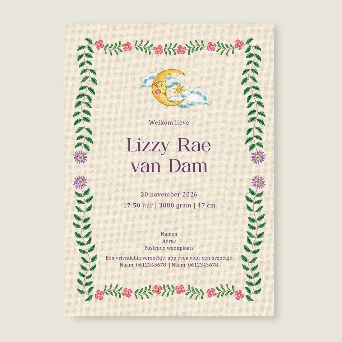 Geboortekaartje Embroider Flower Swan Lila - Story of July