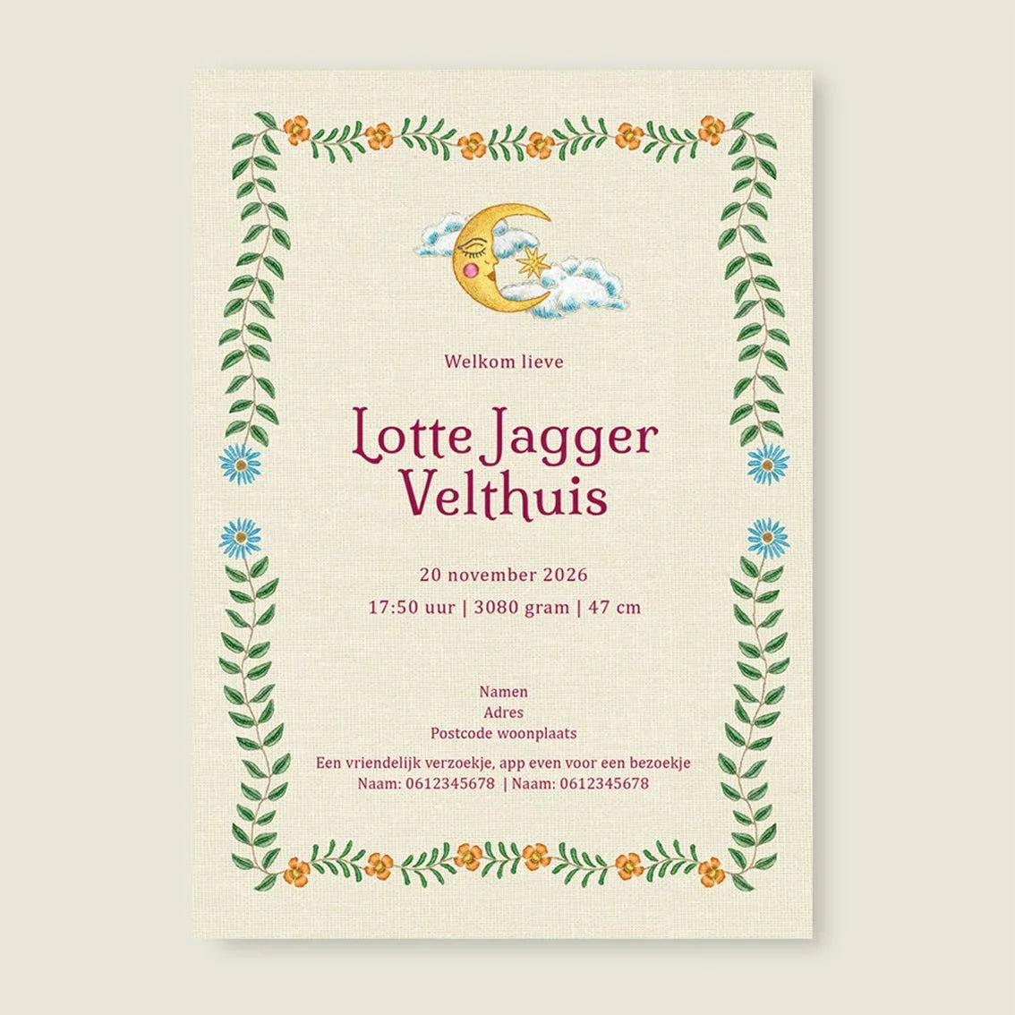 Geboortekaartje Embroider Heart Offwhite - Story of July