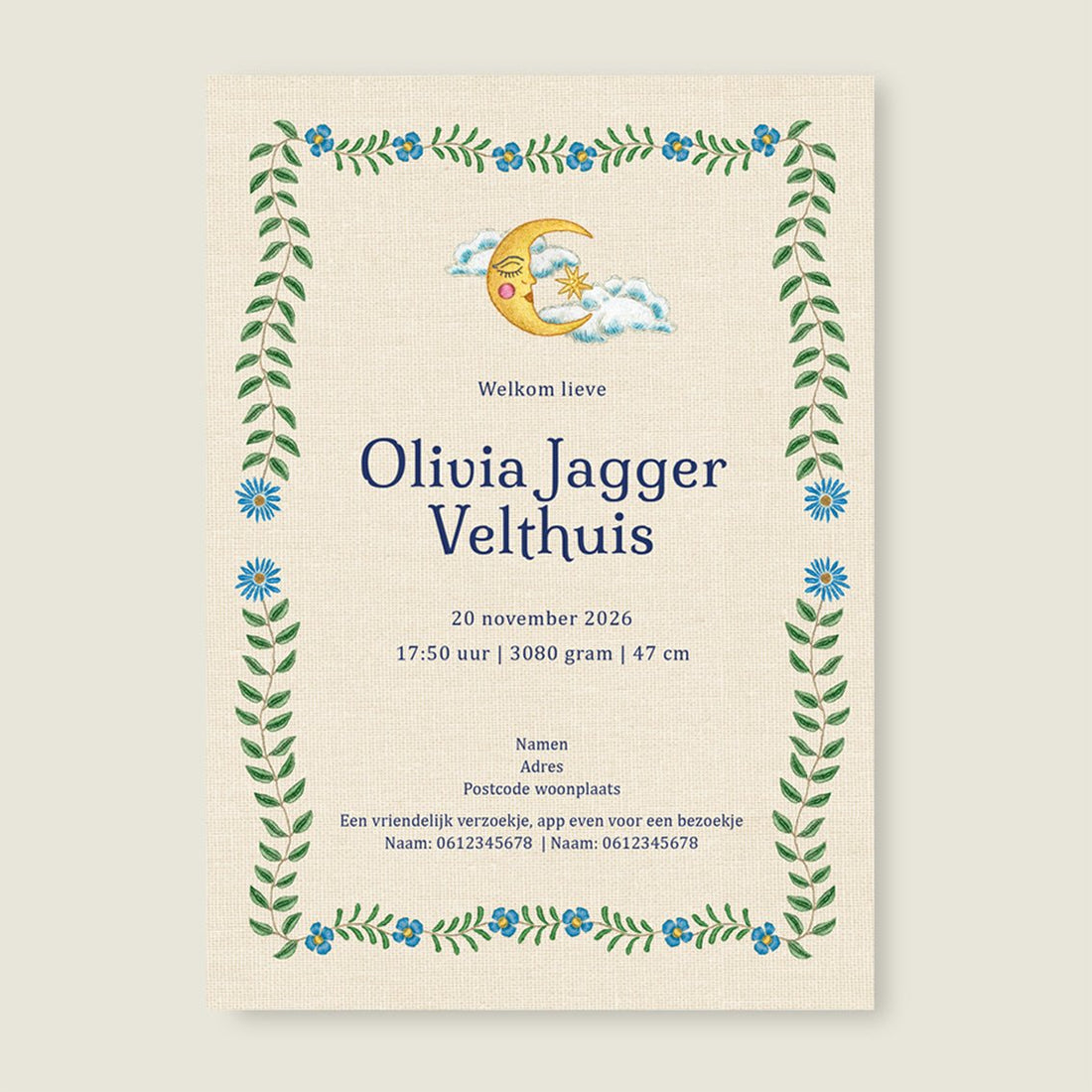 Geboortekaartje Embroider Panter Flower Blue - Story of July