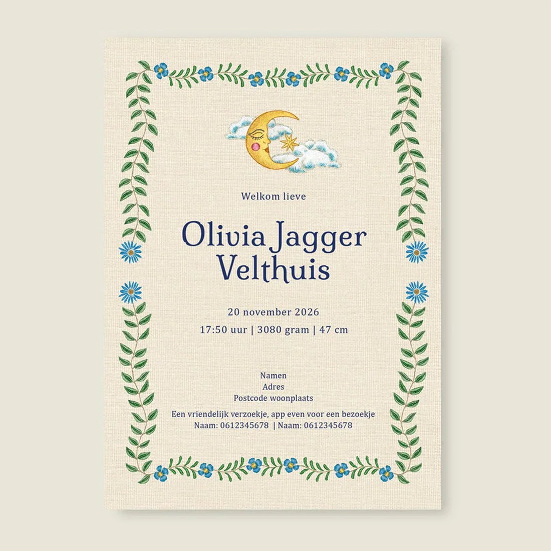 Geboortekaartje Embroider Panter Flower Blue - Story of July