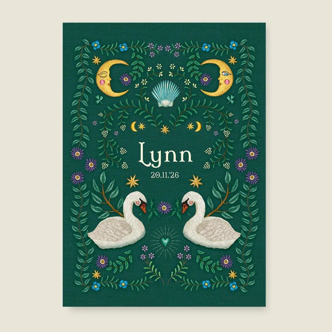 Geboortekaartje Embroider Swan Heart Darkgreen - Story of July