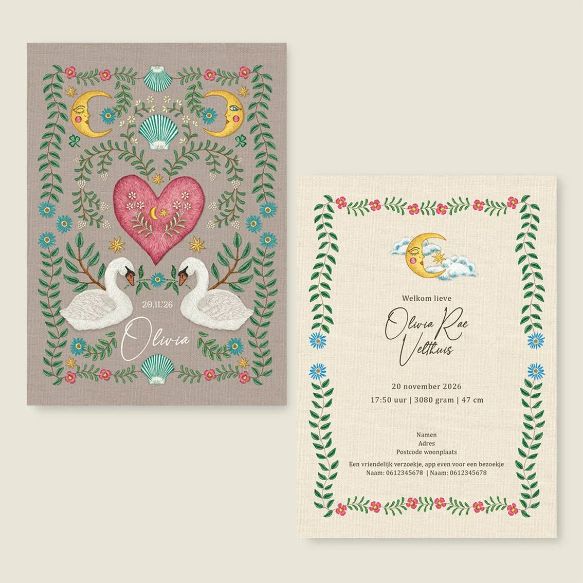 Geboortekaartje Embroider Swan Heart Khaki - Story of July