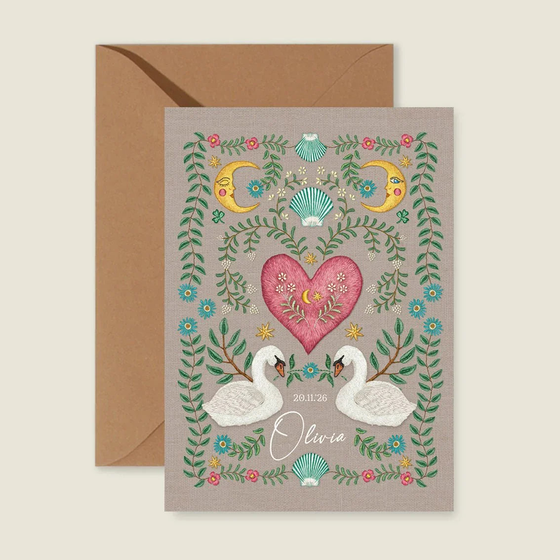 Geboortekaartje Embroider Swan Heart Khaki - Story of July