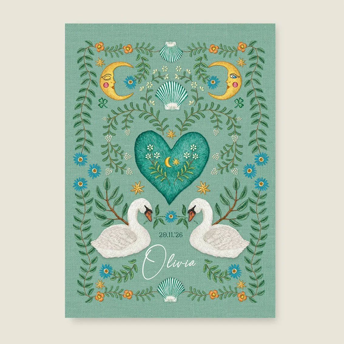 Geboortekaartje Embroider Swan Heart Light Green - Story of July