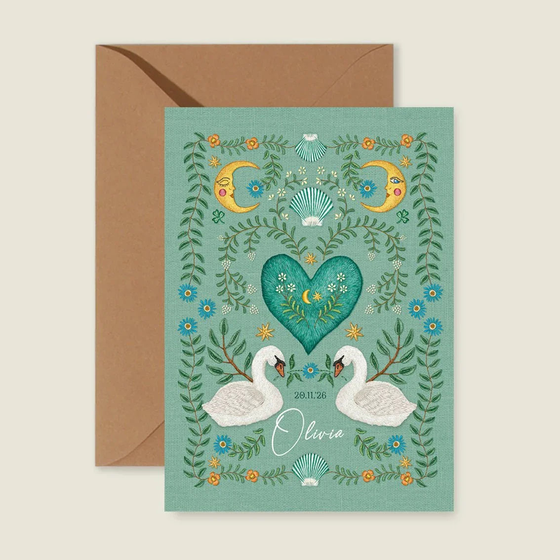 Geboortekaartje Embroider Swan Heart Light Green - Story of July