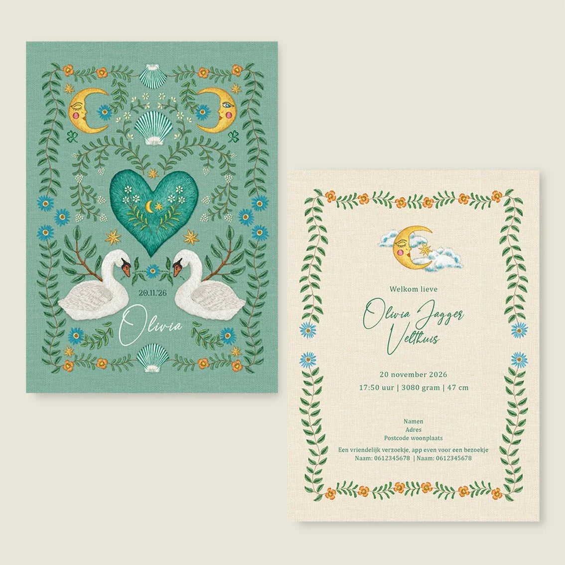 Geboortekaartje Embroider Swan Heart Light Green - Story of July