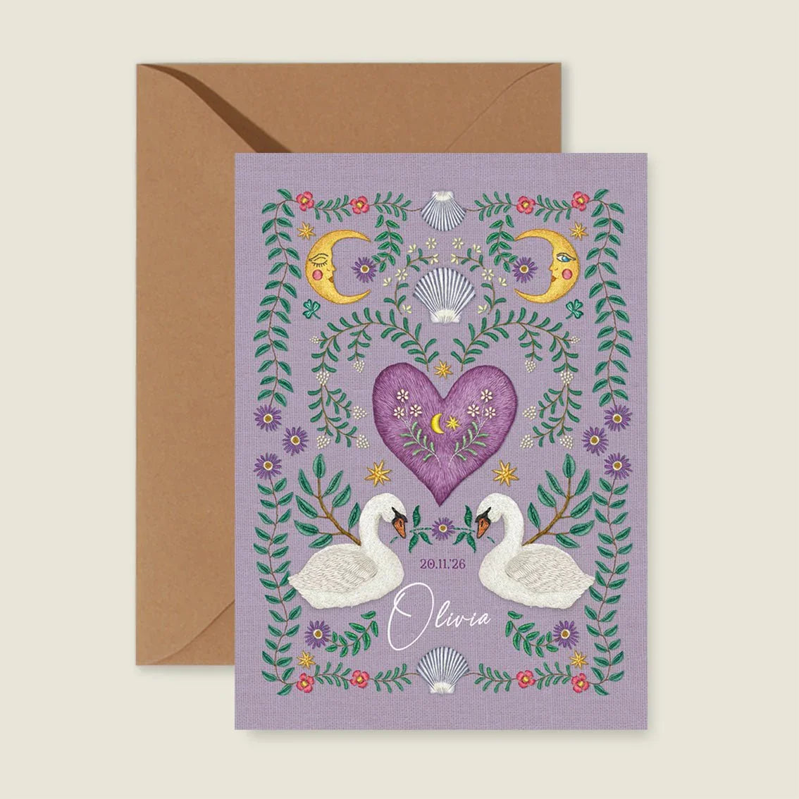 Geboortekaartje Embroider Swan Heart Paars - Story of July