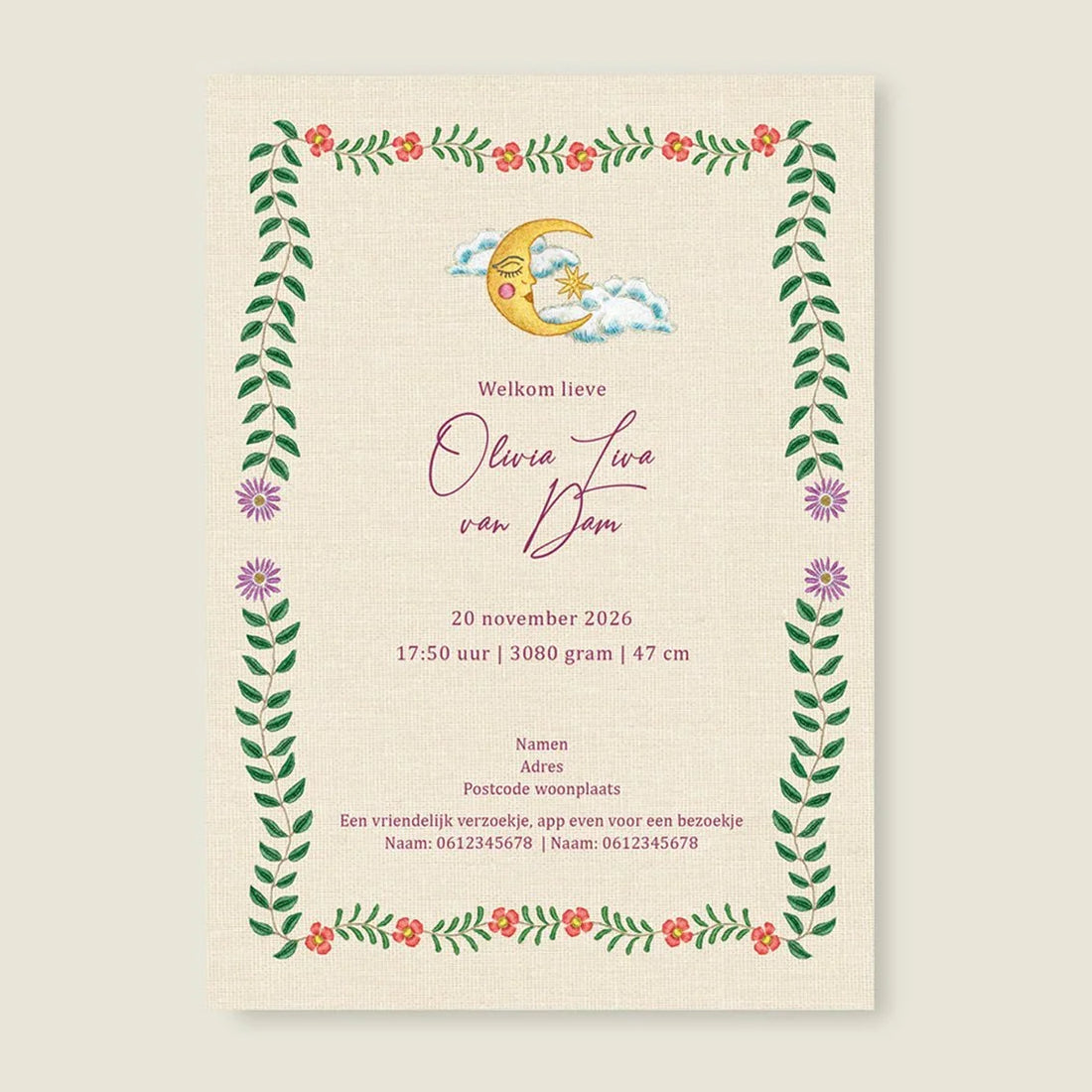 Geboortekaartje Embroider Swan Heart Paars - Story of July