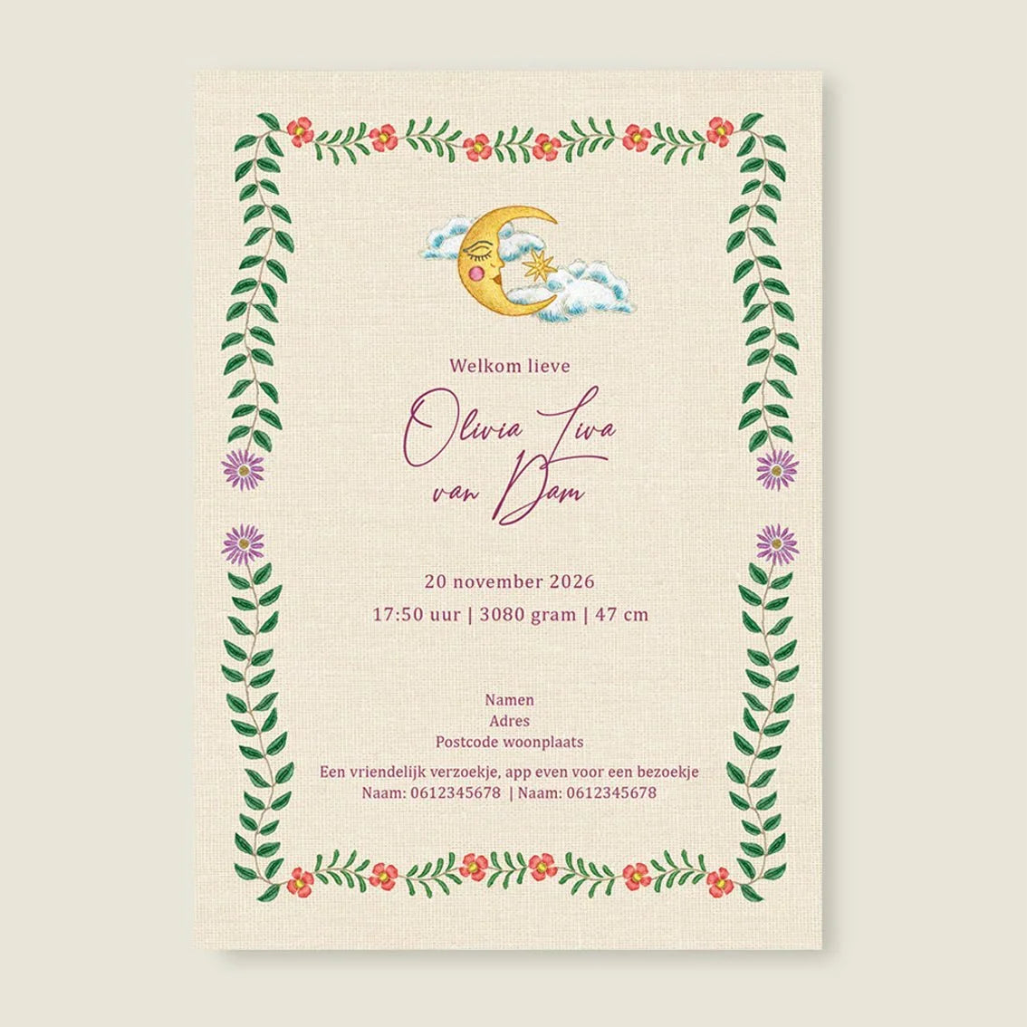 Geboortekaartje Embroider Swan Heart Paars - Story of July