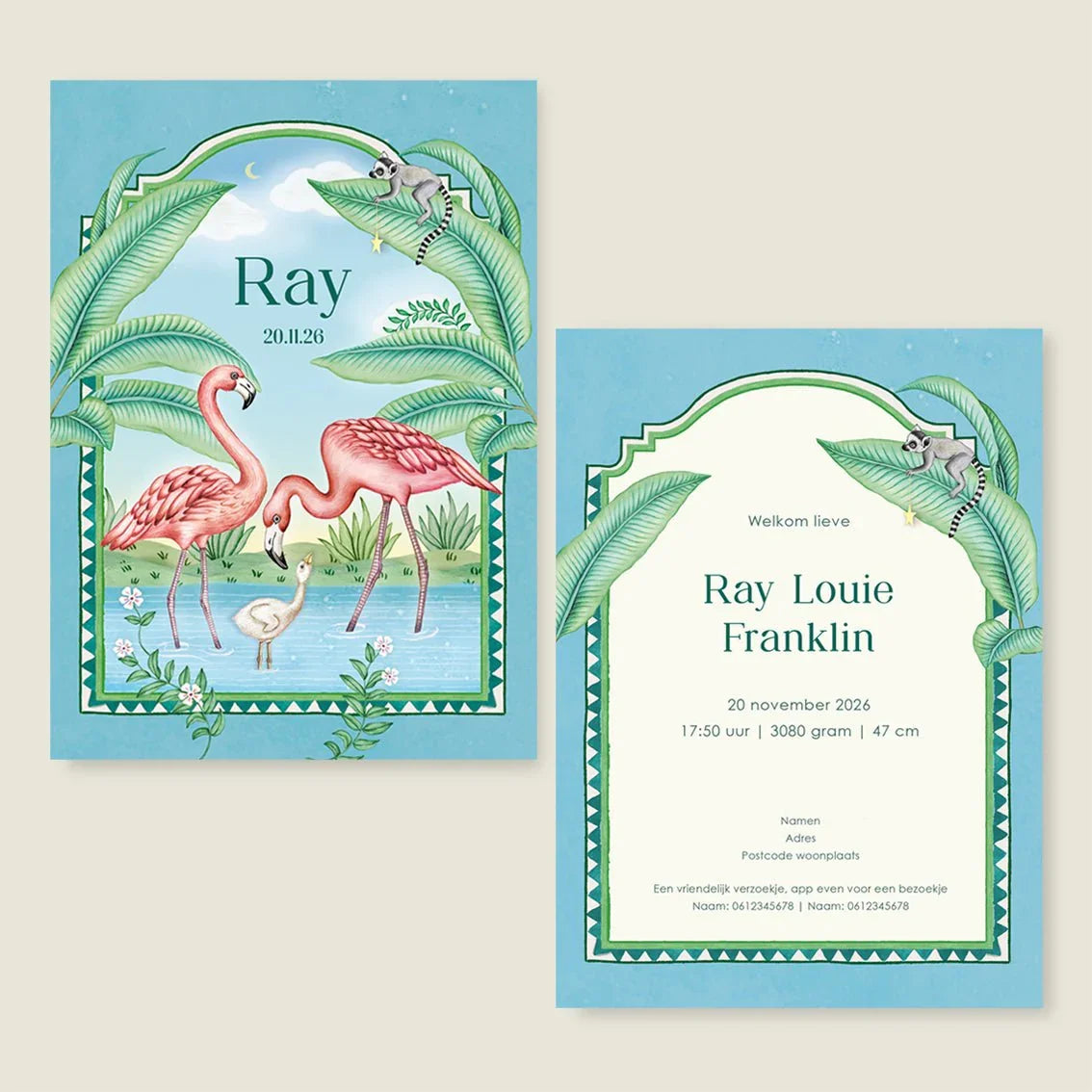 Geboortekaartje Flamingo Family Blue - Story of July