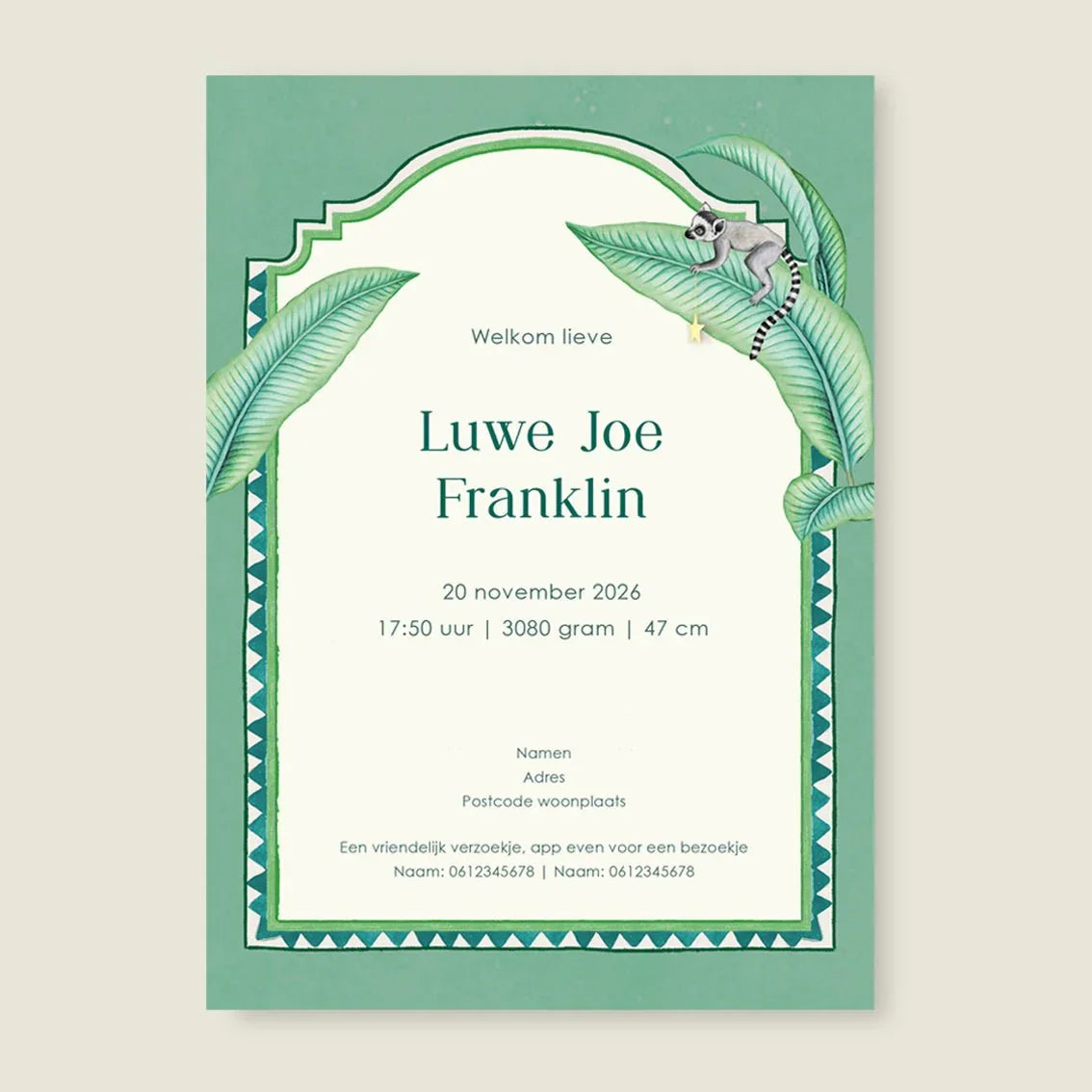 Geboortekaartje Giraffe And The Monkey Green - Story of July