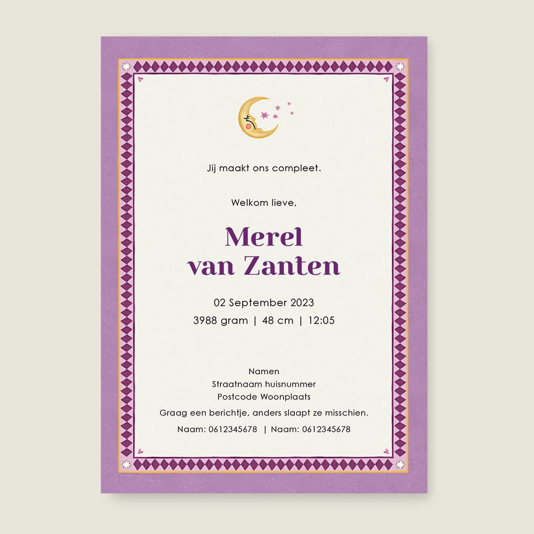 Geboortekaartje Monkey Heart Paars - Story of July