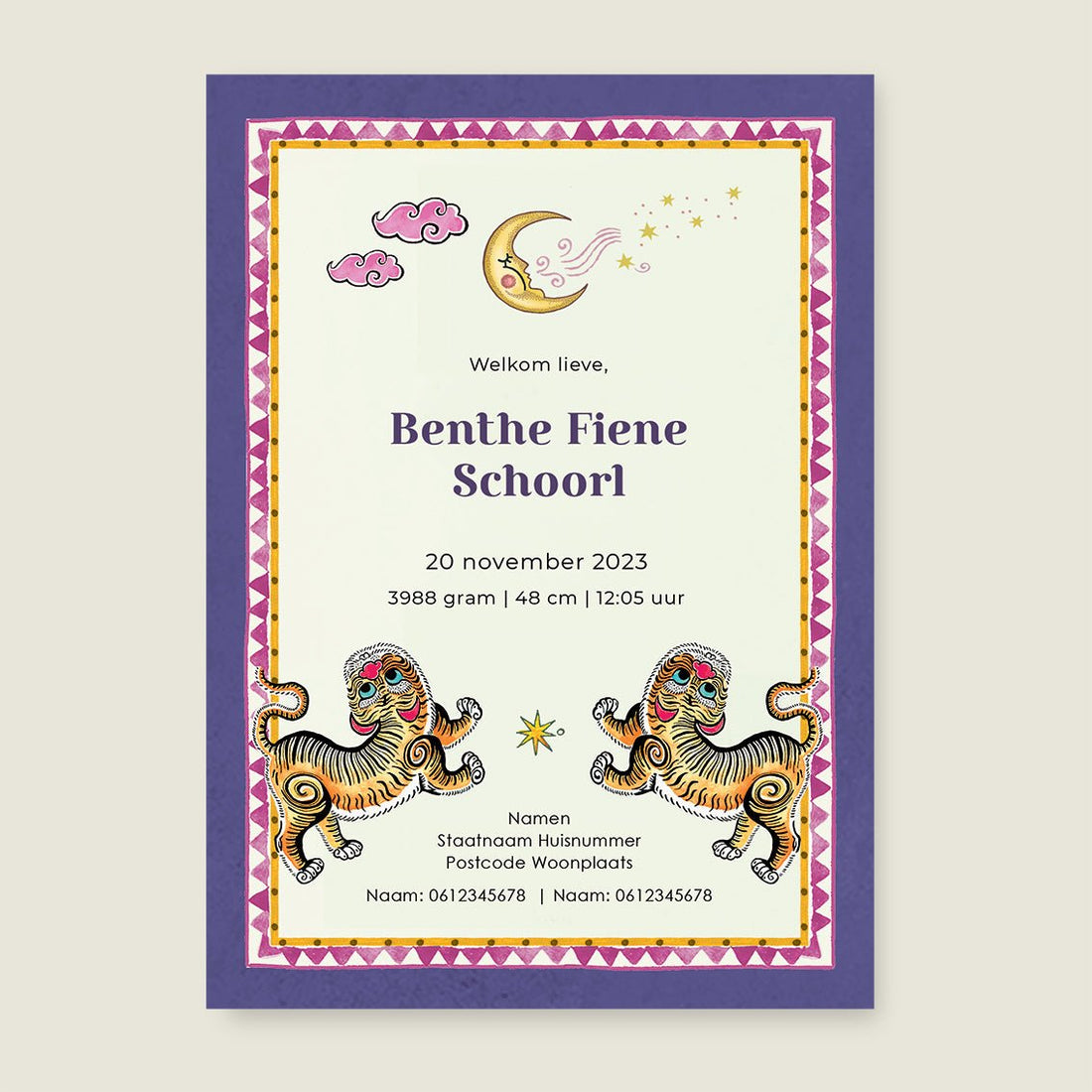 Geboortekaartje Pretty Tiger Paars - Story of July