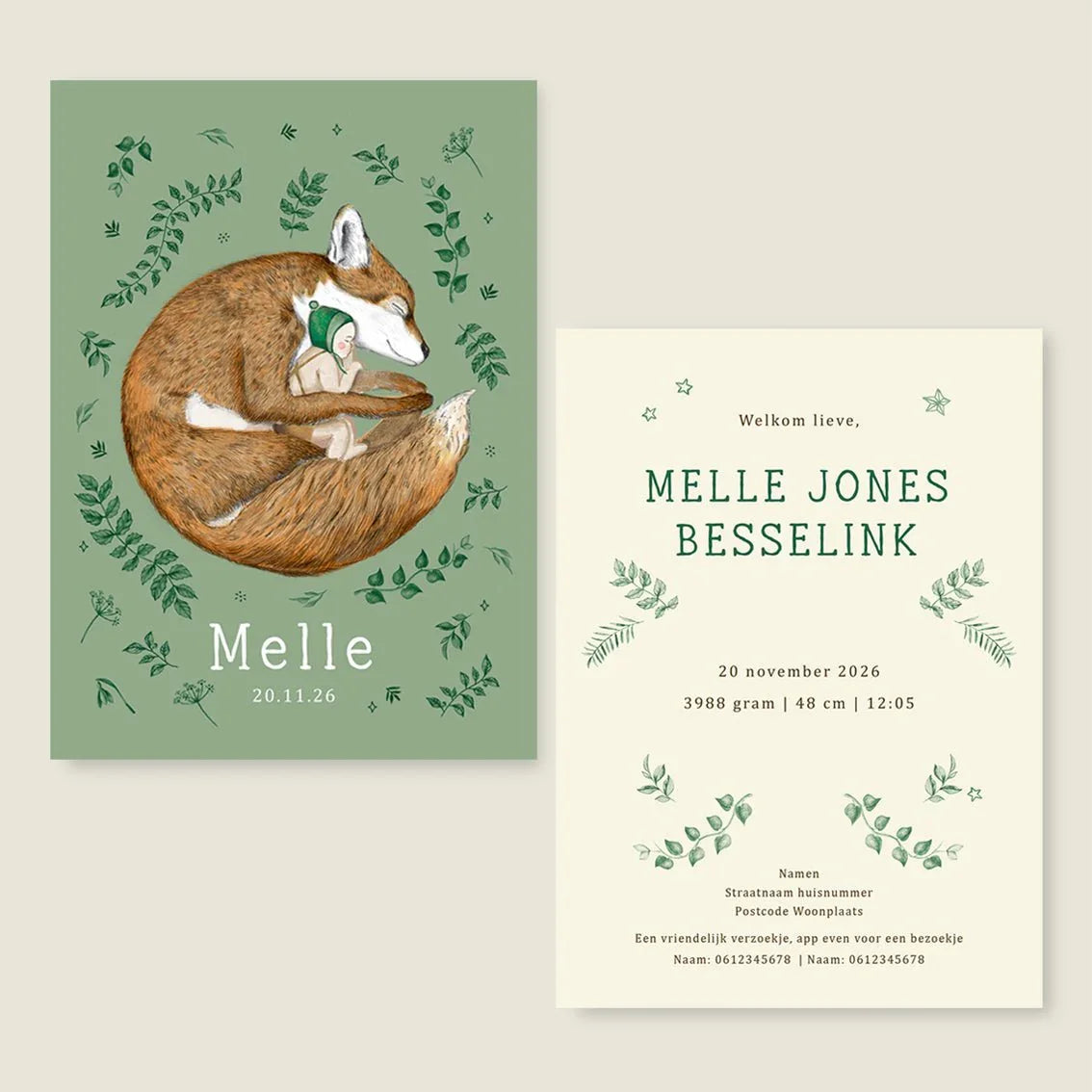 Geboortekaartje Sleeping Fox Green - Story of July