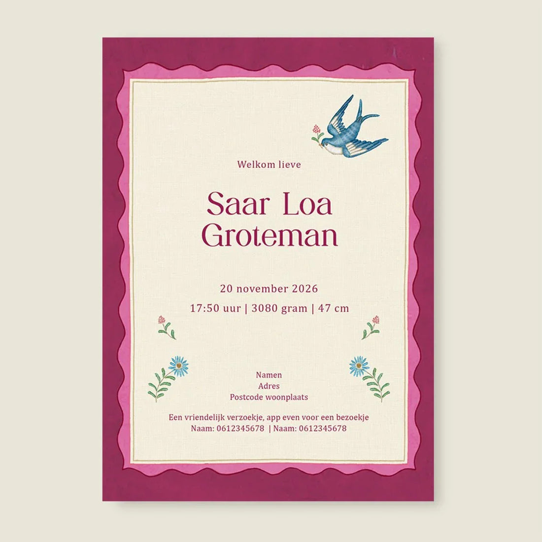 Geboortekaartje Sparrow Birds Pink - Story of July