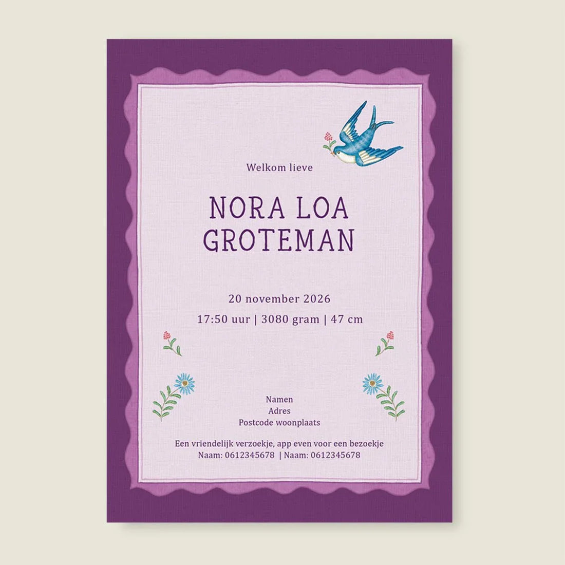 Geboortekaartje Sparrow Birds Purple - Story of July