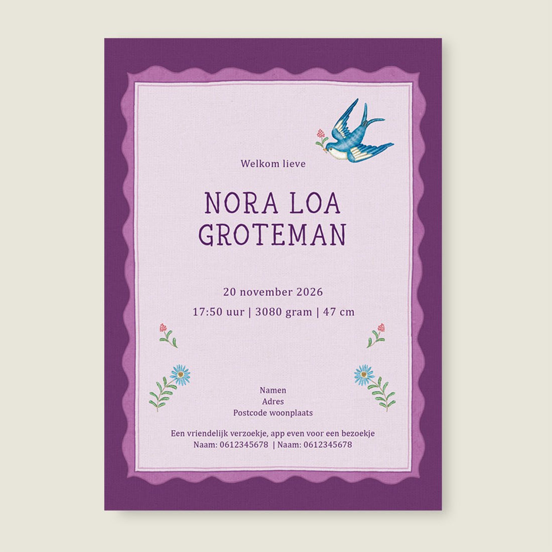 Geboortekaartje Sparrow Birds Purple - Story of July