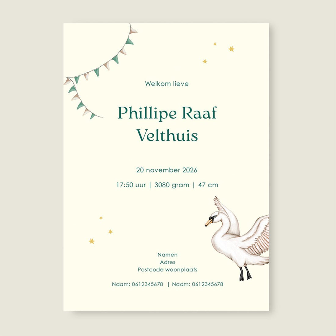 Geboortekaartje Swan Basket Green - Story of July