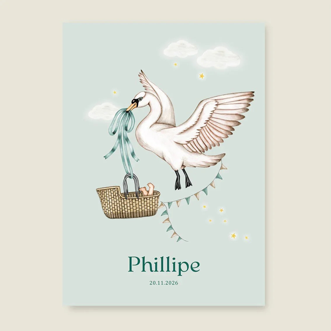 Geboortekaartje Swan Basket Green - Story of July