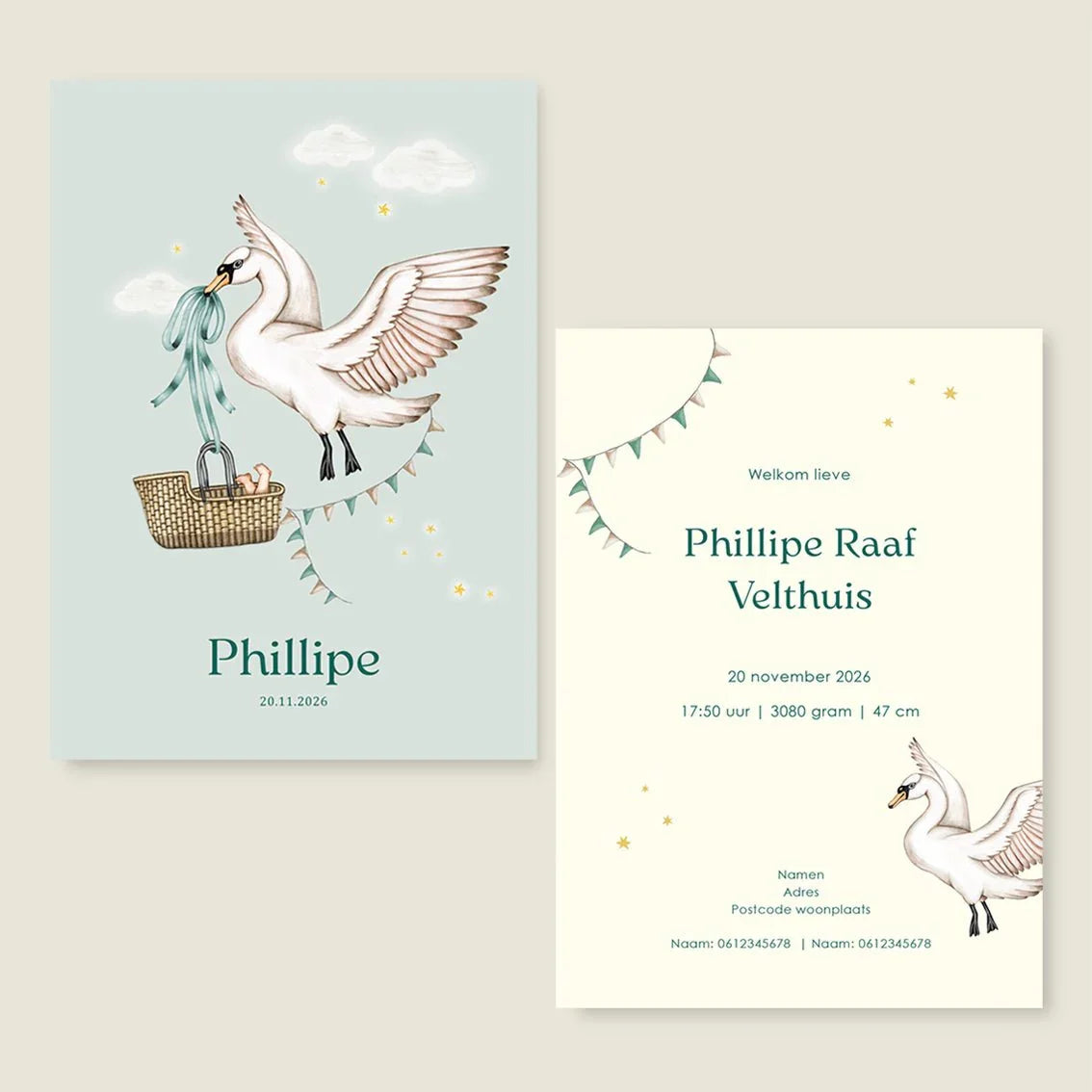 Geboortekaartje Swan Basket Green - Story of July