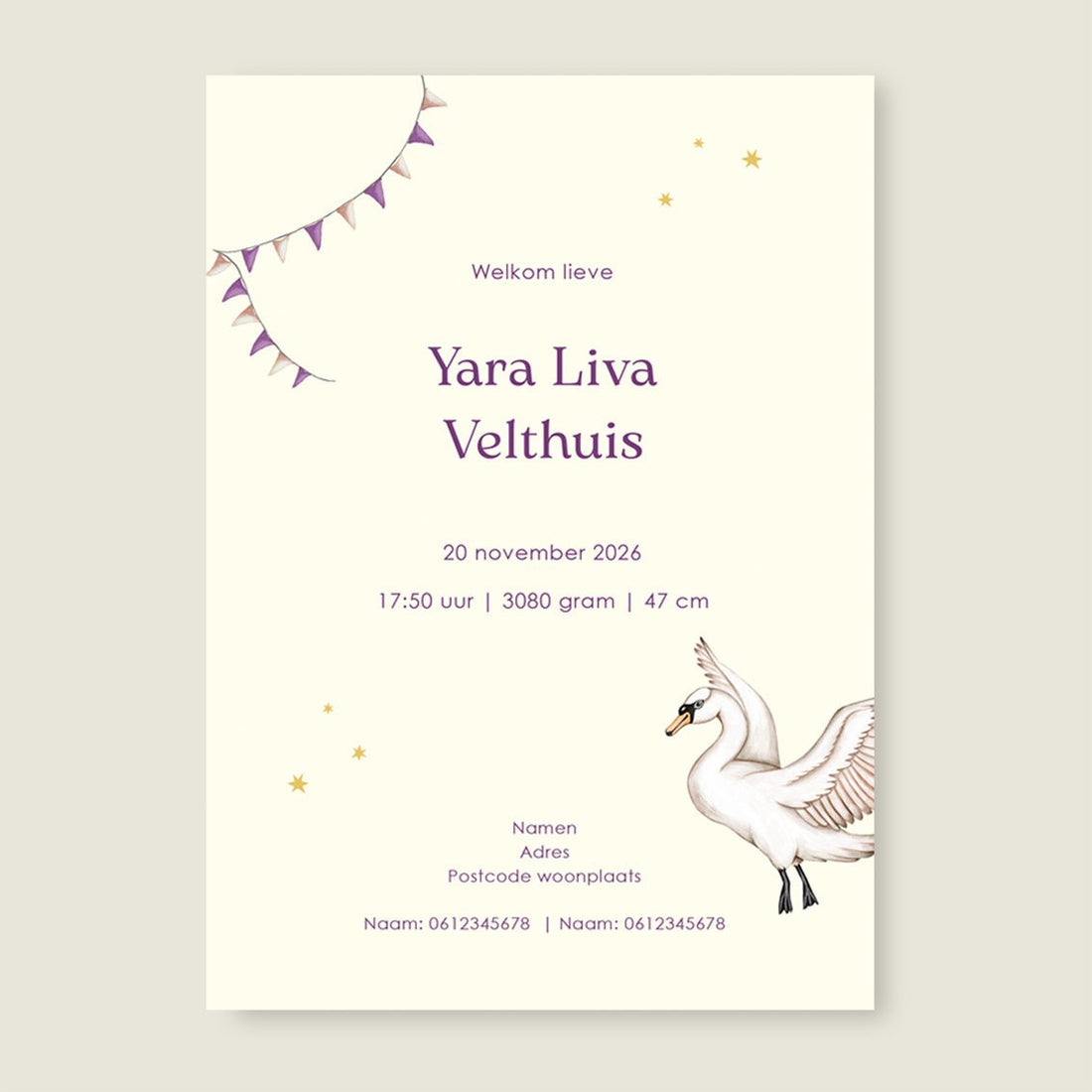 Geboortekaartje Swan Basket Lila - Story of July
