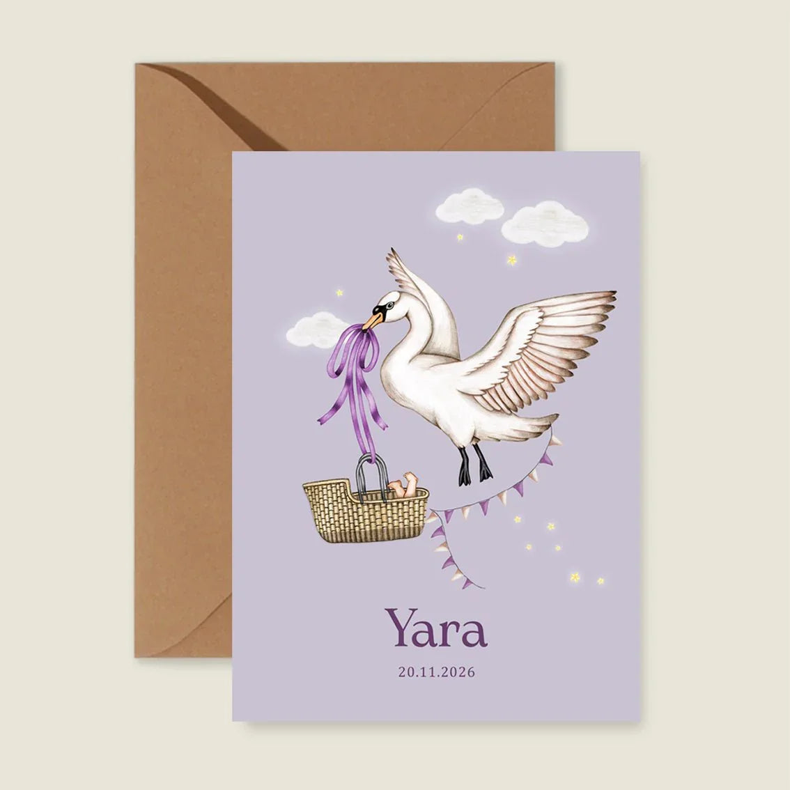 Geboortekaartje Swan Basket Lila - Story of July