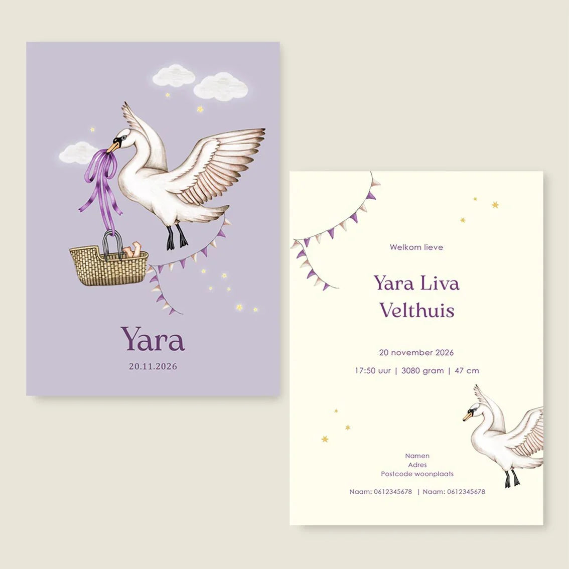 Geboortekaartje Swan Basket Lila - Story of July