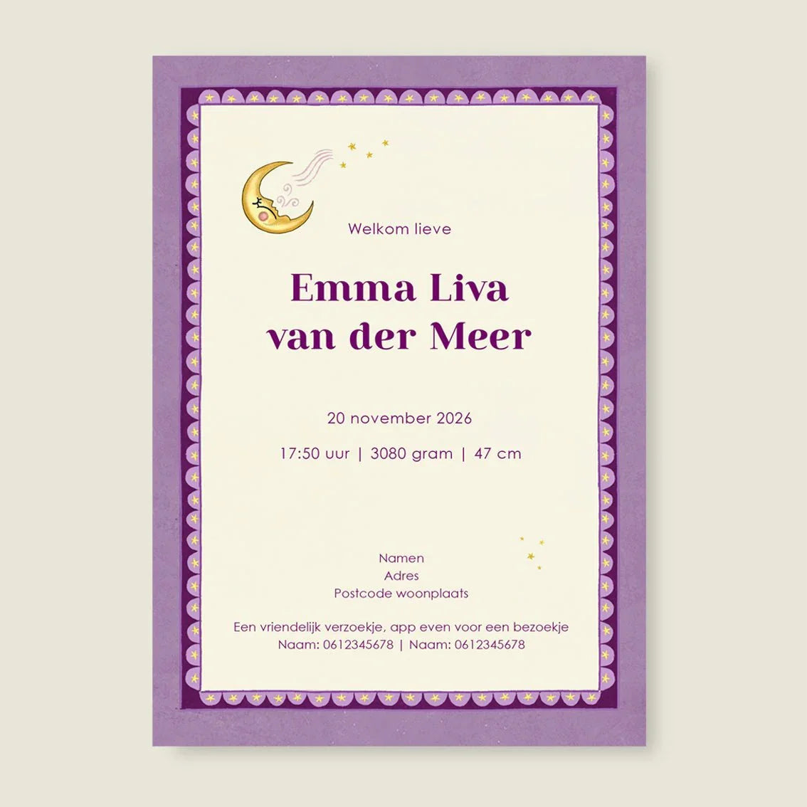 Geboortekaartje Zebra Moon Paars - Story of July