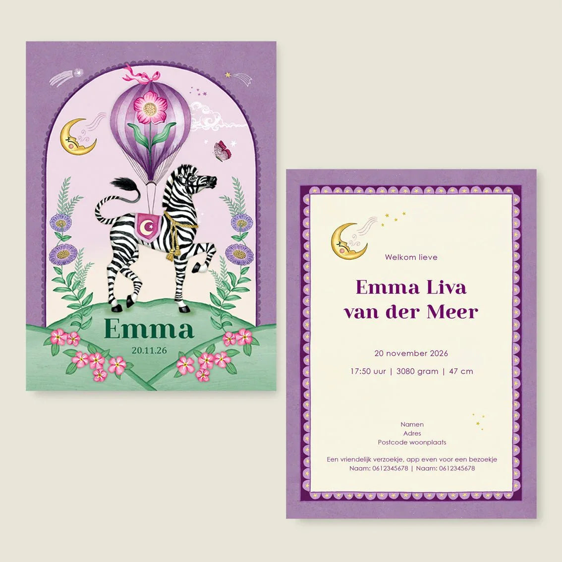 Geboortekaartje Zebra Moon Paars - Story of July