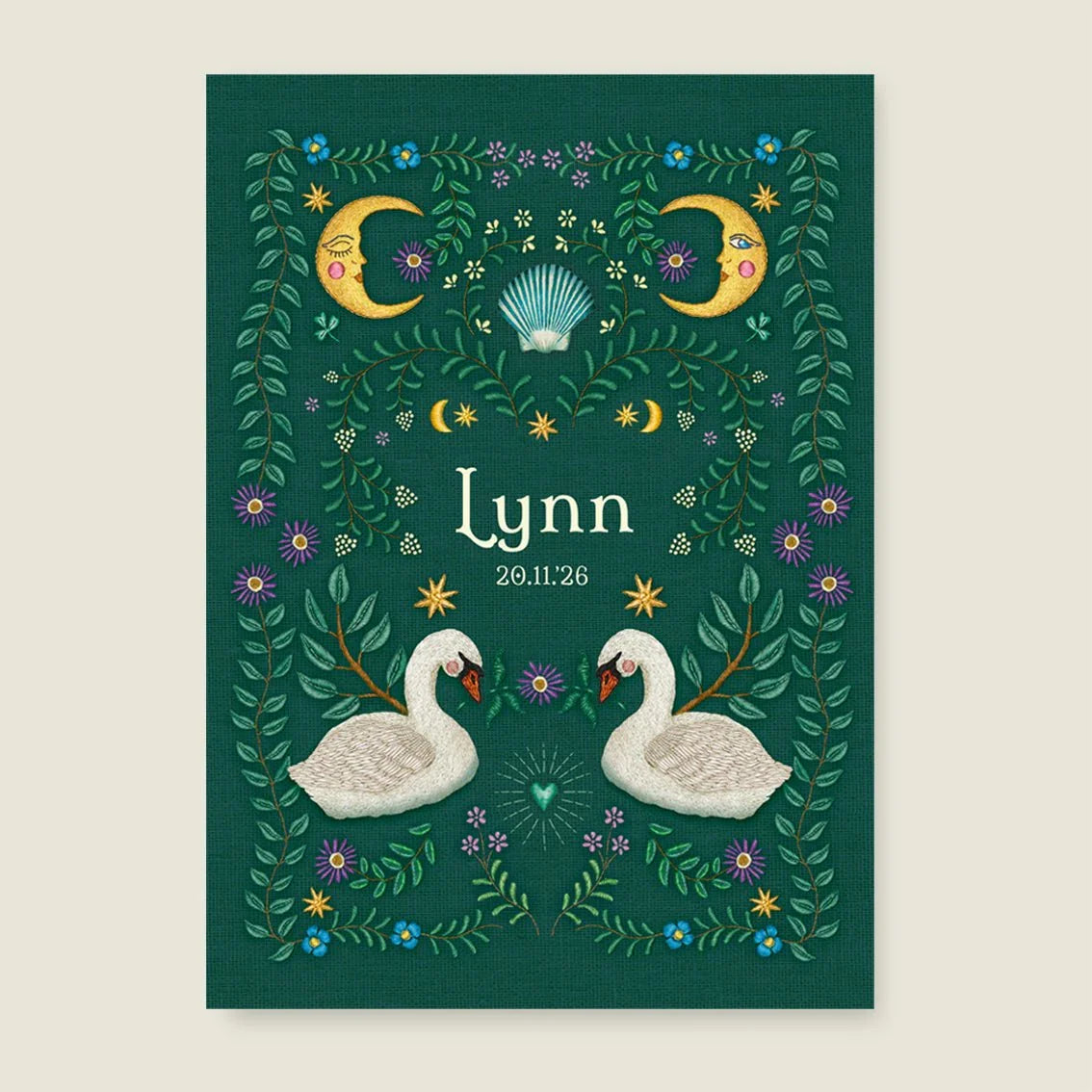 Print Embroider Swan Heart Darkgreen - Story of July
