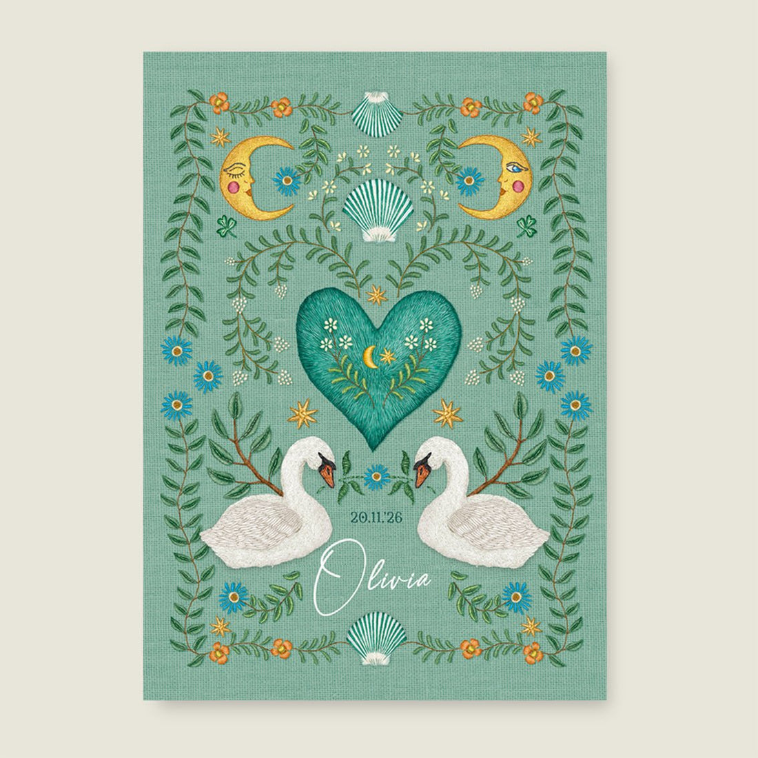 Print Embroider Swan Heart Light Green - Story of July
