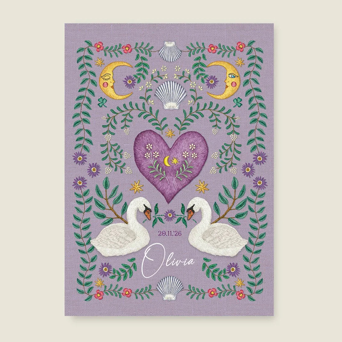 Print Embroider Swan Heart Paars - Story of July