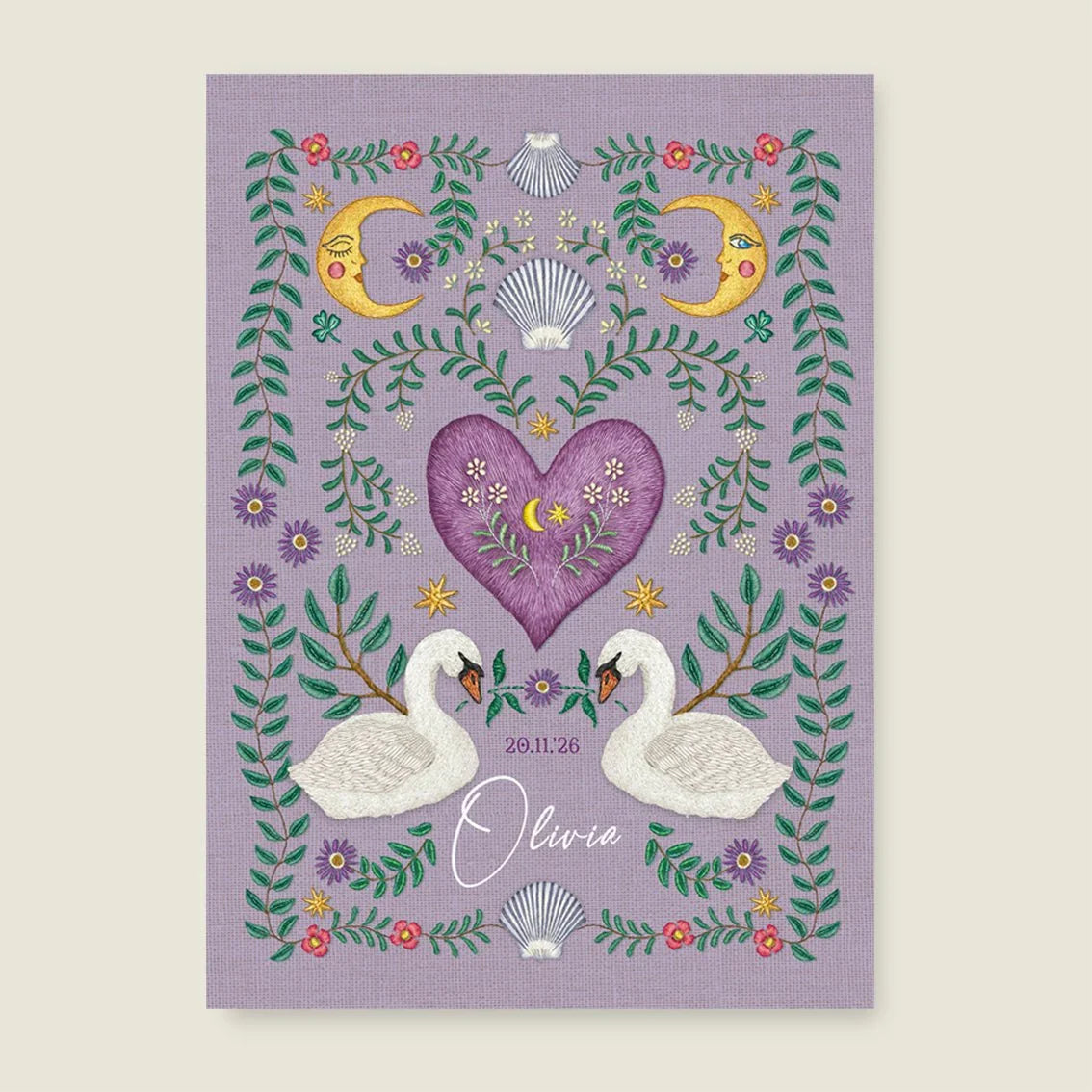 Print Embroider Swan Heart Paars - Story of July