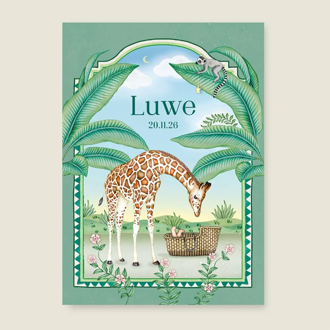 Print Giraffe And The Monkey Green - Story of July