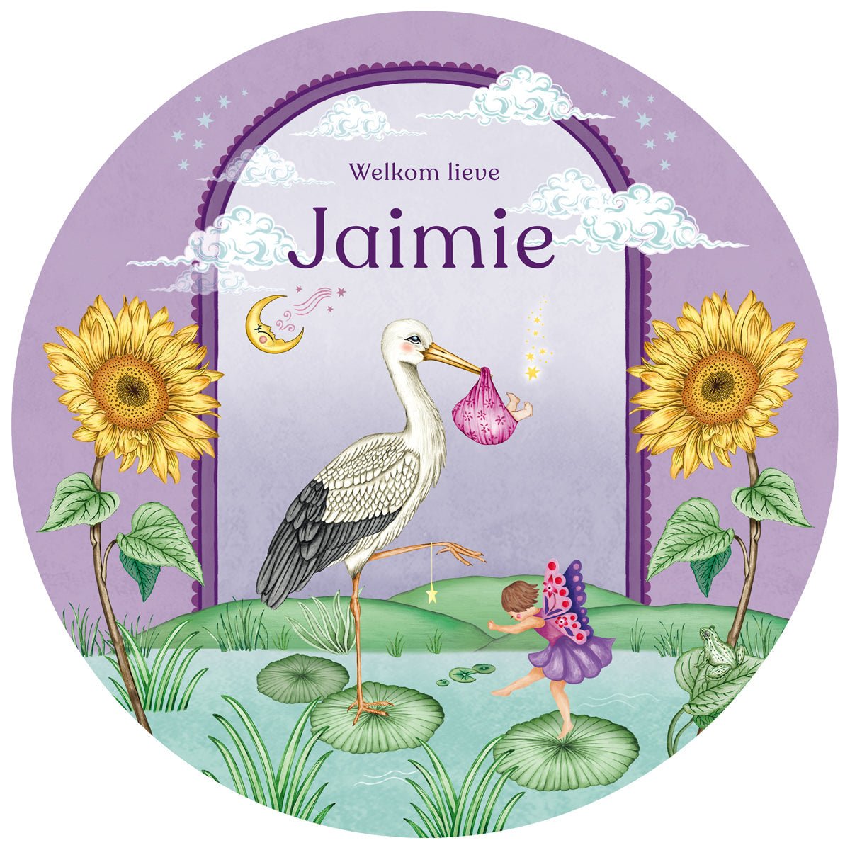 Raamsticker Stork & Baby Purple - Story of July