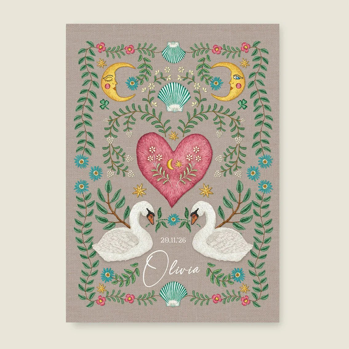 Sample Embroider Swan Heart Khaki - Story of July