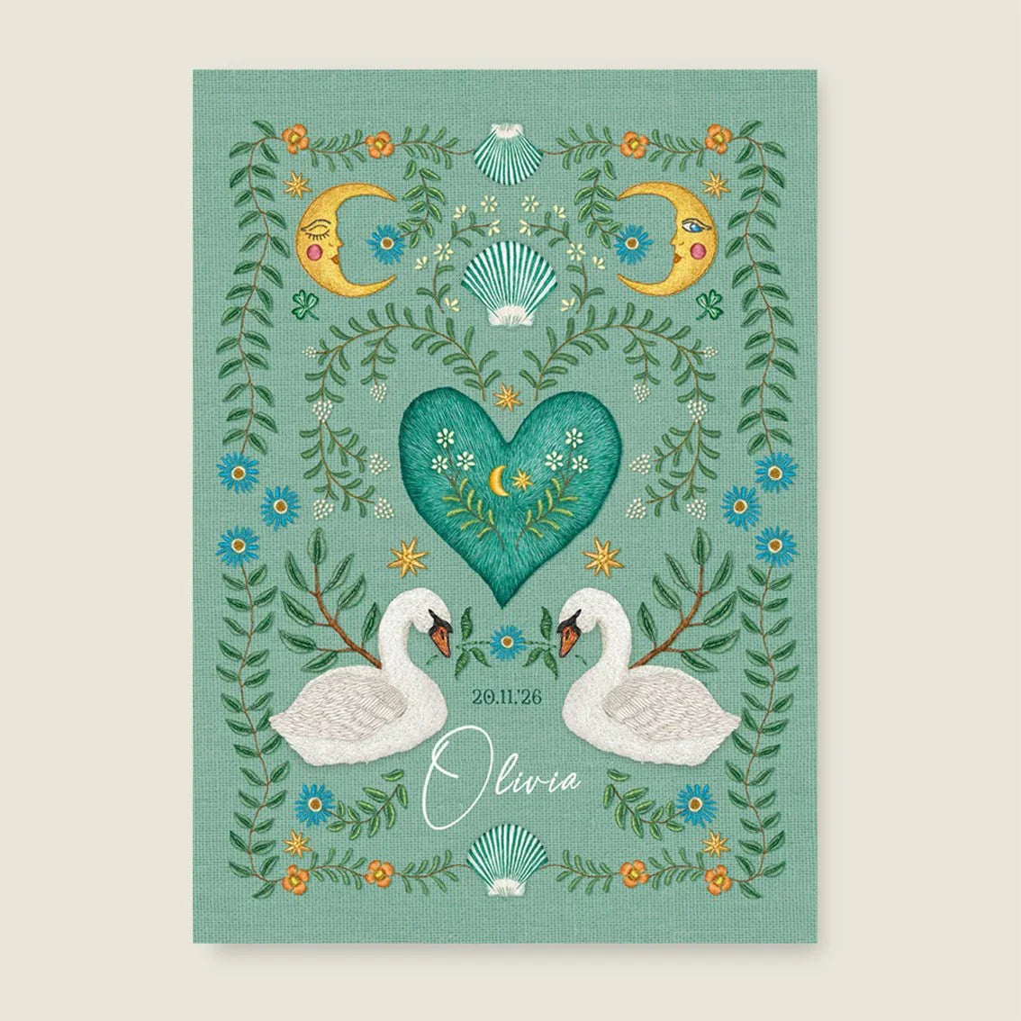 Sample Embroider Swan Heart Light Green - Story of July