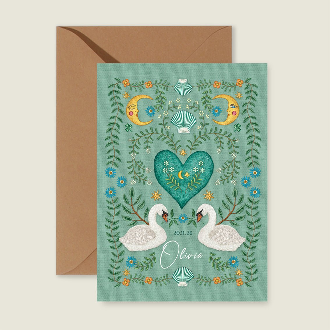 Sample Embroider Swan Heart Light Green - Story of July