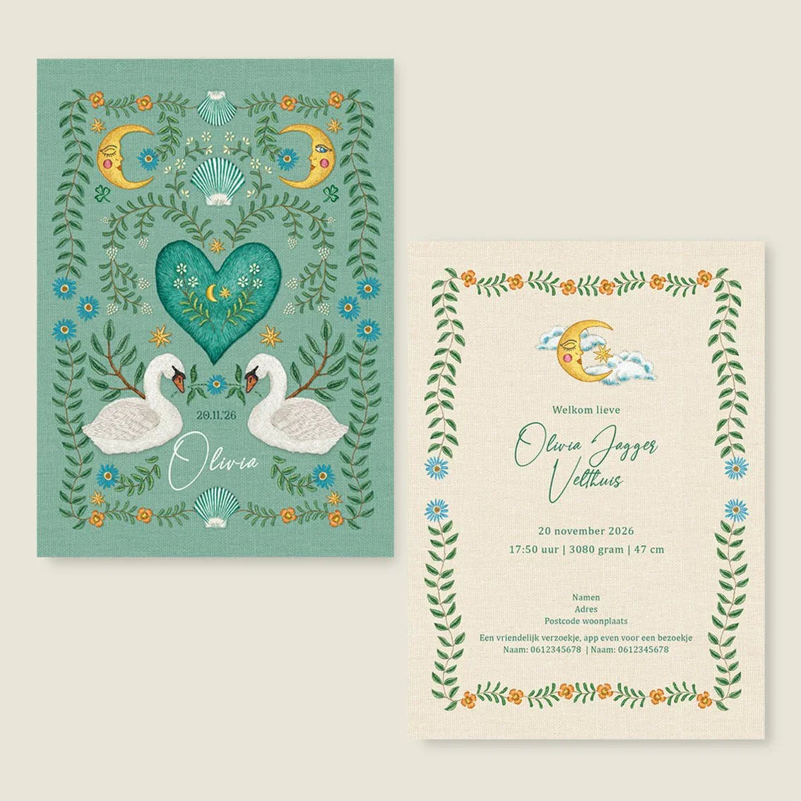 Sample Embroider Swan Heart Light Green - Story of July