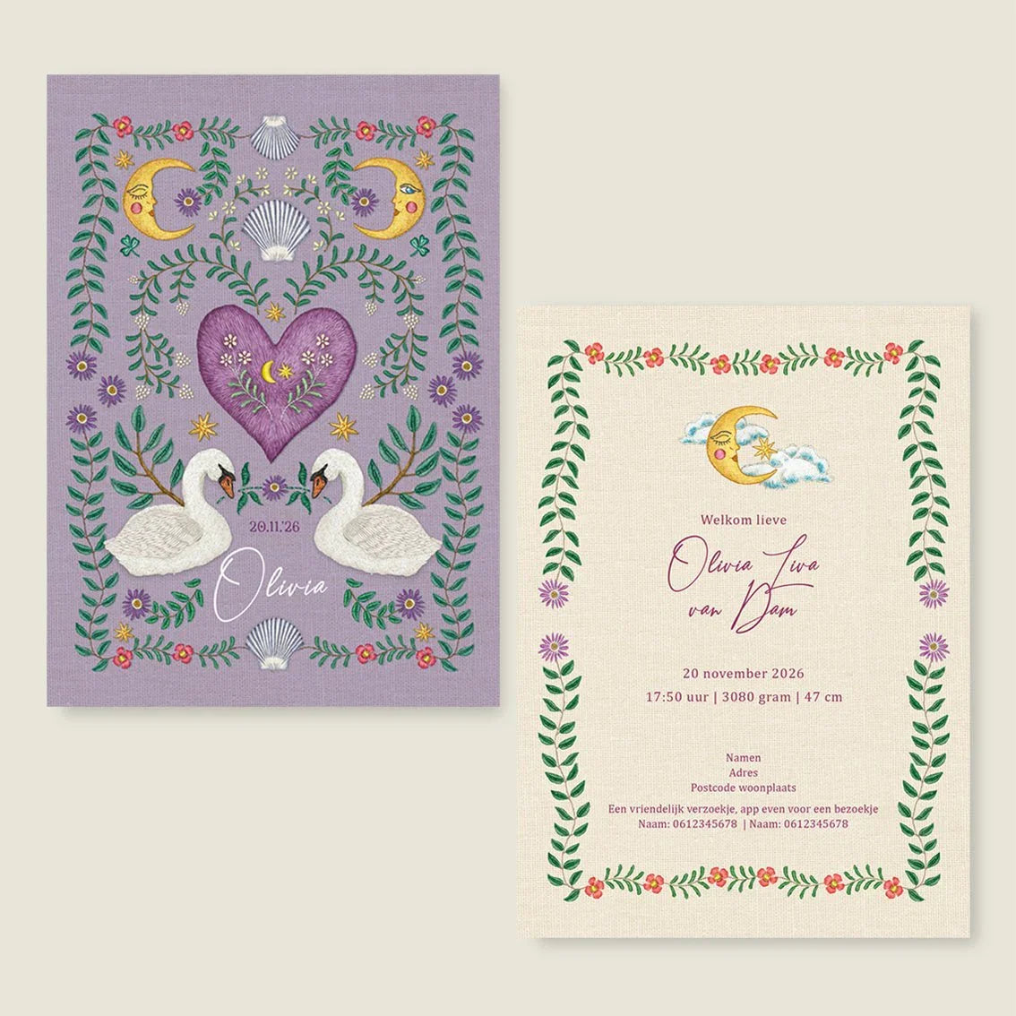 Sample Embroider Swan Heart Paars - Story of July