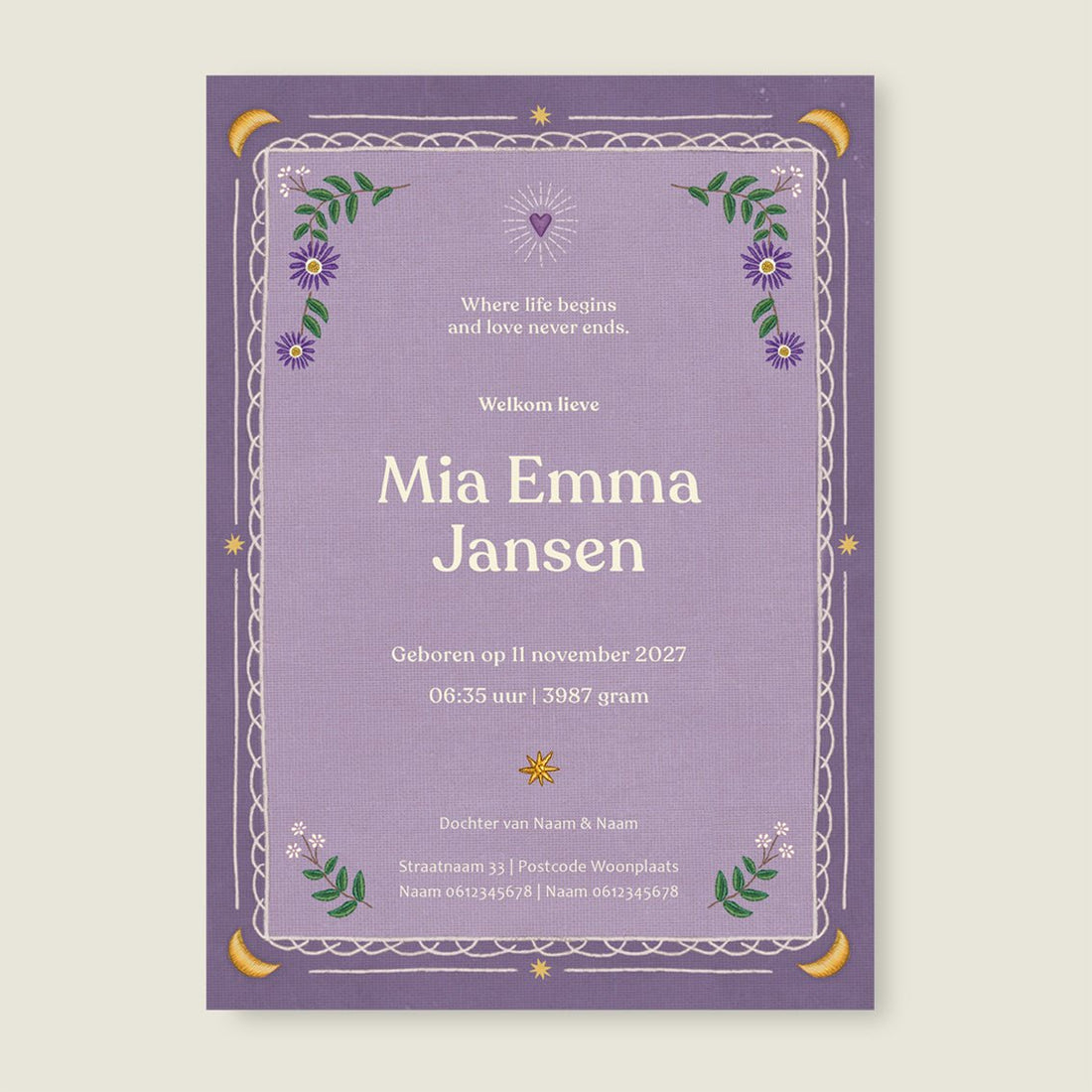 Sample Heart Bird Paars - Story of July