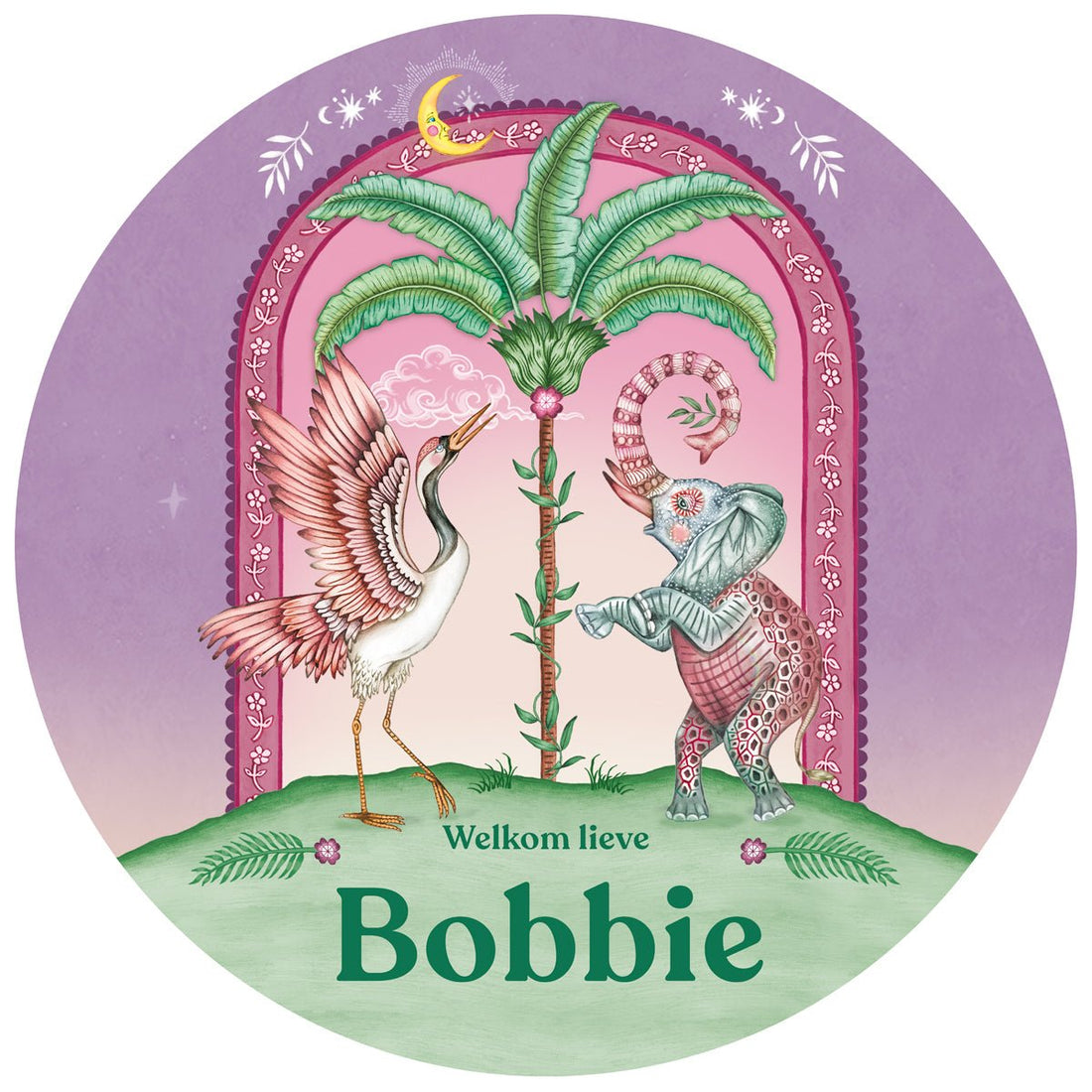 Tuinbord Crane Bird & Elephant Purple - Story of July