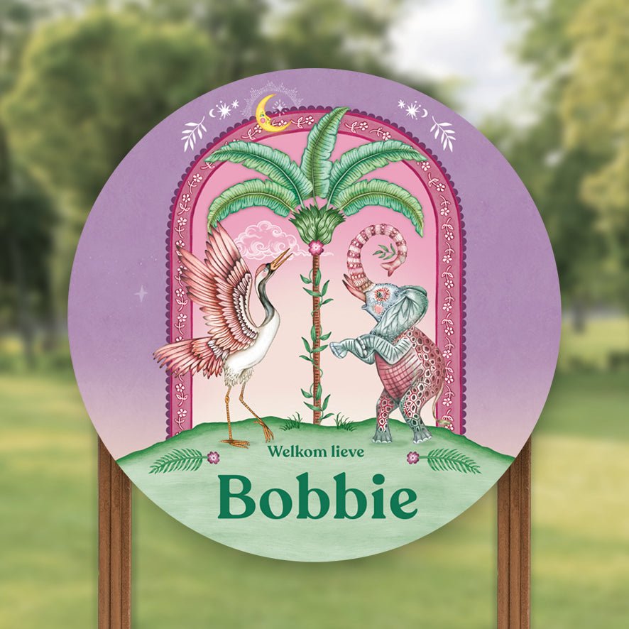 Tuinbord Crane Bird & Elephant Purple - Story of July