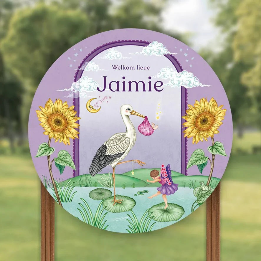 Tuinbord Stork & Baby Purple - Story of July