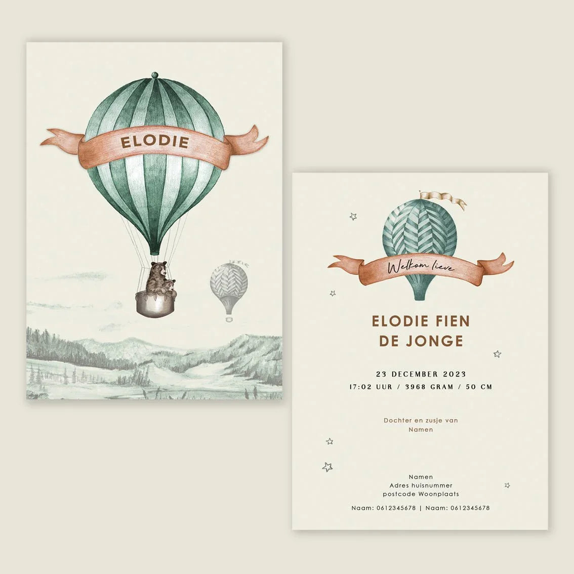 Geboortekaartje Bear Balloon Green - Story of July